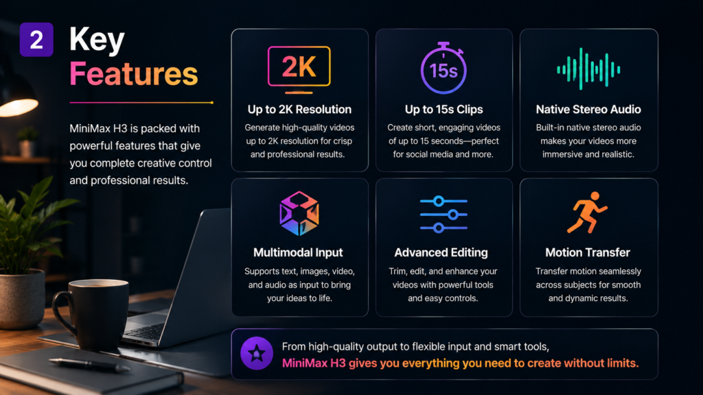 MiniMax H3 combines 2K video generation, short-form clips, native stereo audio, multimodal inputs, editing tools, and motion transfer in one AI video workflow.