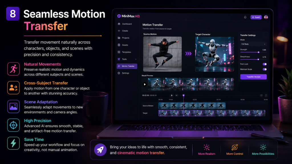 Motion transfer can help move the action from a reference video to another subject, making complex movement easier to reproduce in an AI video workflow.