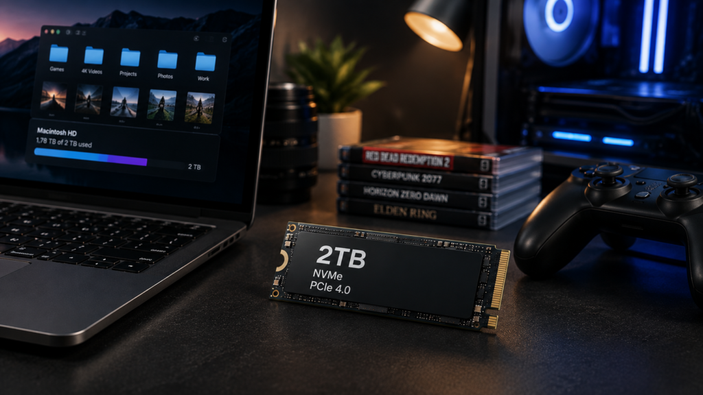 A realistic desktop setup showing a 2TB NVMe SSD alongside a laptop, games, and large digital files, naturally illustrating the need for more storage.