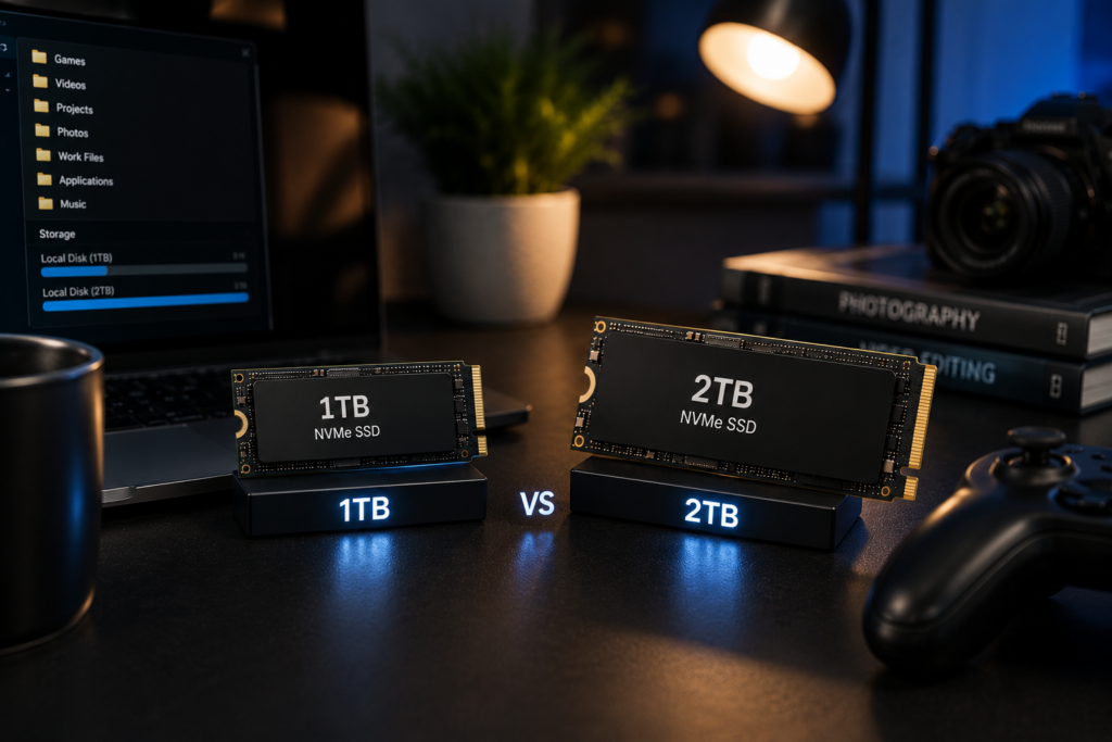 A clean visual comparison between 1TB and 2TB NVMe SSDs, with everyday files, games, photos, and projects subtly represented in the background.