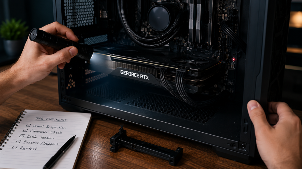 Inspecting a graphics card and motherboard for GPU sag damage