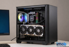 Open desktop PC case with a large graphics card installed for deep-learning workloads.