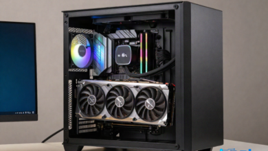 Open desktop PC case with a large graphics card installed for deep-learning workloads.