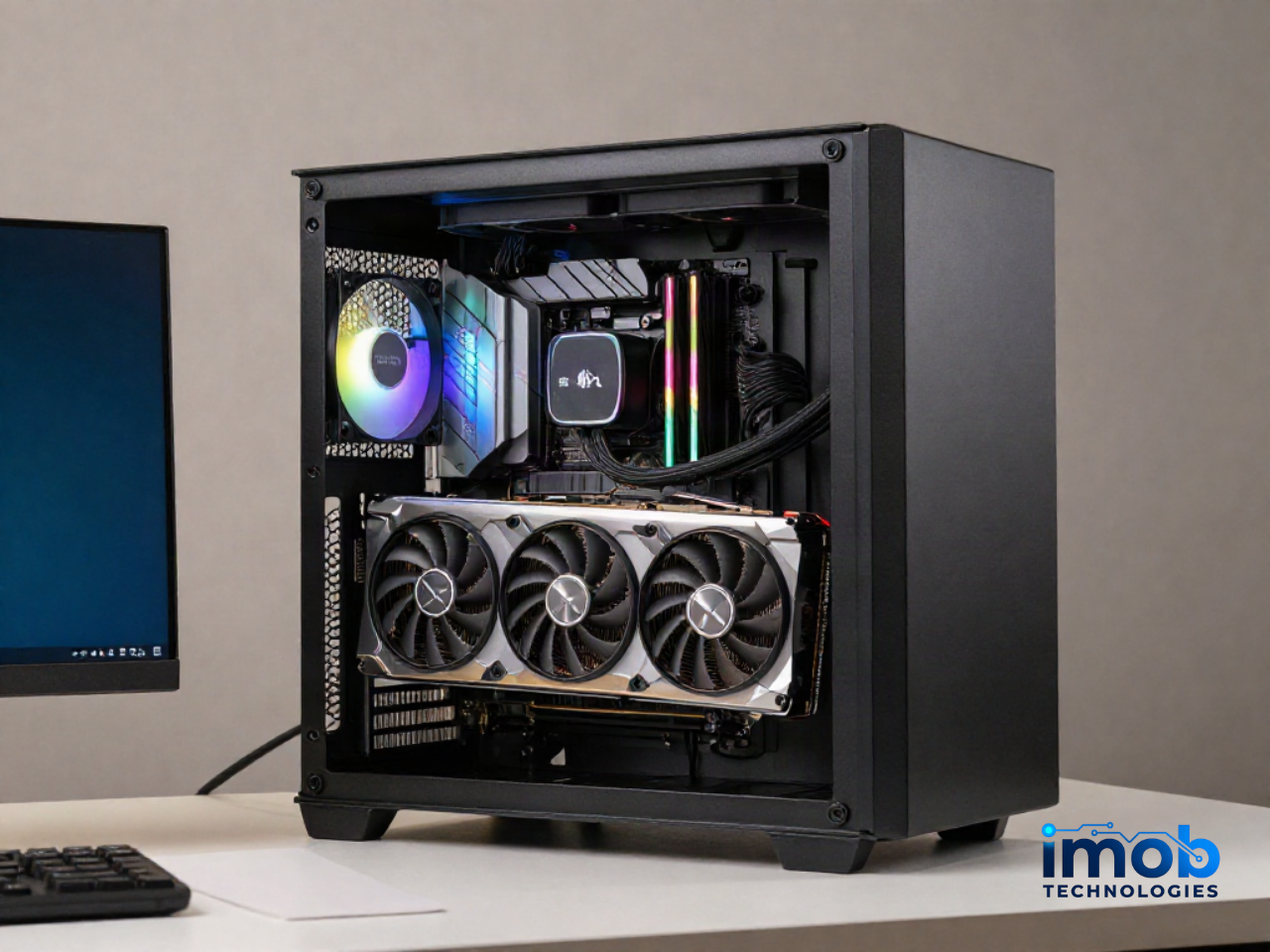 Open desktop PC case with a large graphics card installed for deep-learning workloads.