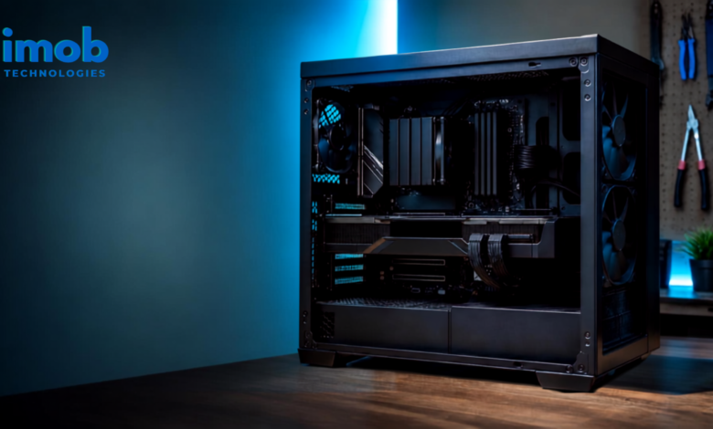 AI inference workstation with a large GPU, multiple power cables, system memory, and high-airflow cooling.
