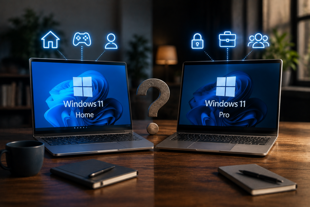 Two laptops comparing Windows 11 Home and Pro features for different types of PC users.