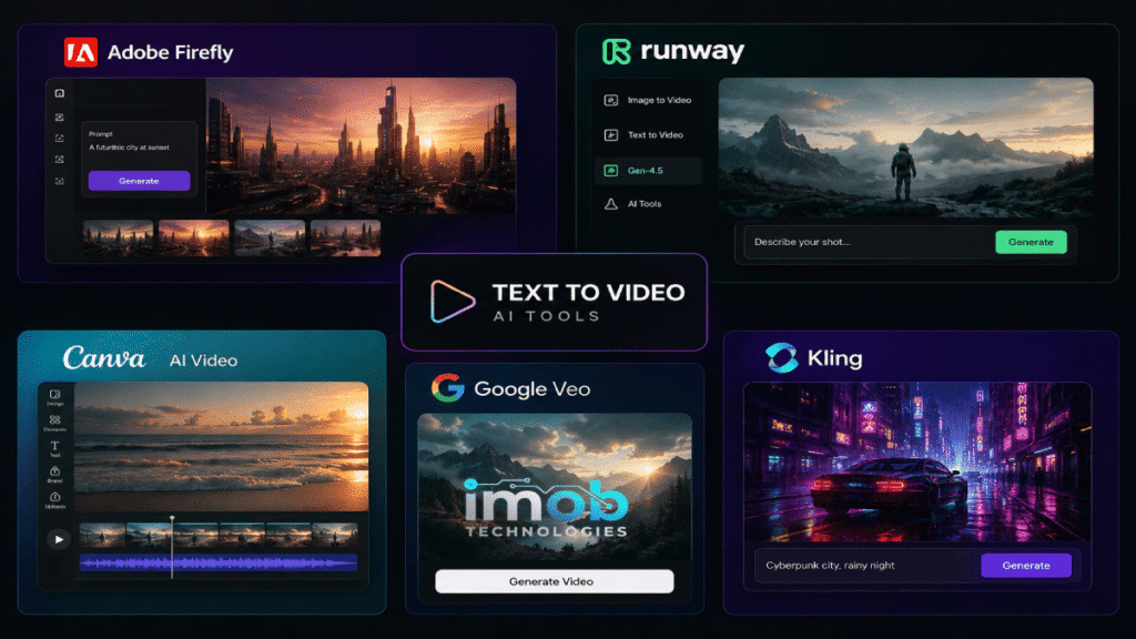 AI video generation tools including Adobe Firefly, Runway, Canva, Google Veo and Kling