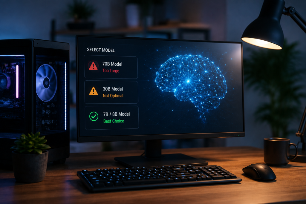 Modern desktop PC with a 12GB GPU and AI workstation setup representing local LLM model selection on a clean technology workspace.