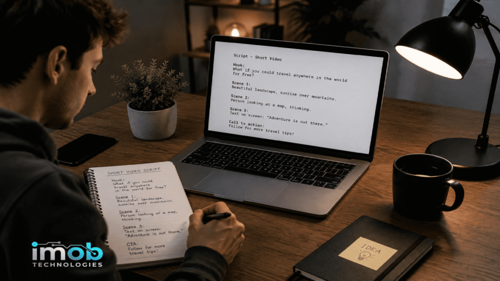 Person writing a short video script on a laptop and notebook