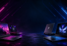 Best gaming laptops in 2026 displayed in a futuristic neon-lit setup with four high-performance laptops surrounding an empty center space on a dark cyberpunk background.