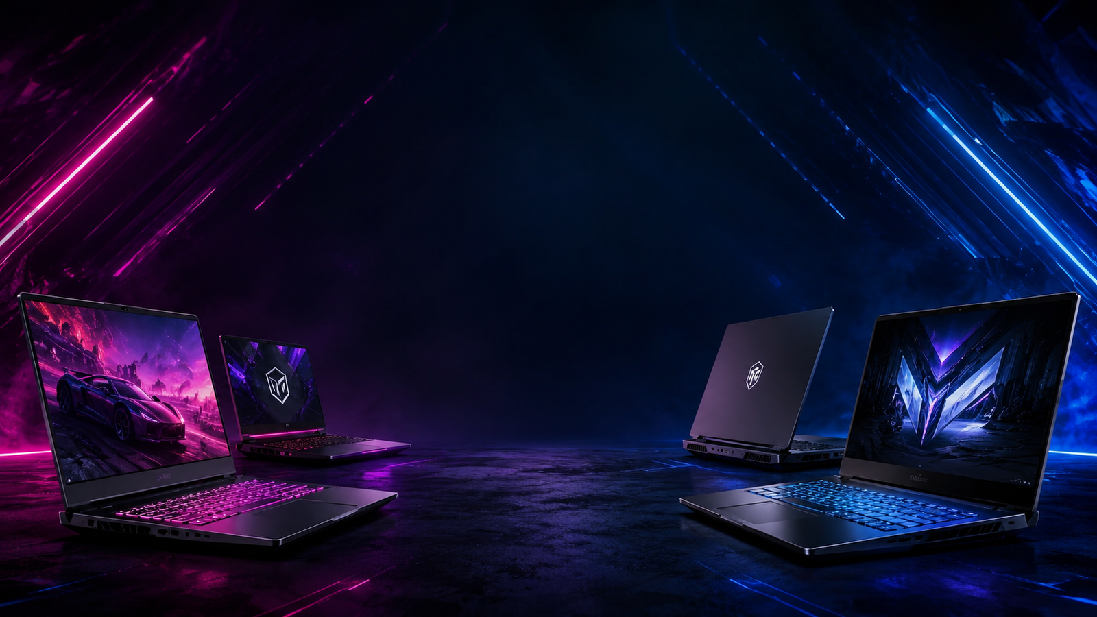 Best gaming laptops in 2026 displayed in a futuristic neon-lit setup with four high-performance laptops surrounding an empty center space on a dark cyberpunk background.