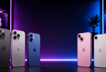 Multiple iPhones displayed in a neon-lit studio for a 2026 buying guide
