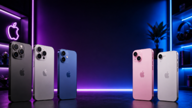 Multiple iPhones displayed in a neon-lit studio for a 2026 buying guide