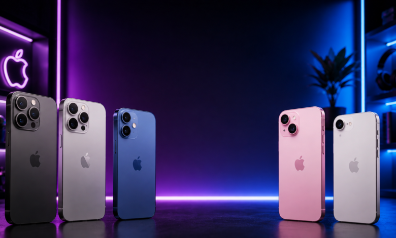 Multiple iPhones displayed in a neon-lit studio for a 2026 buying guide