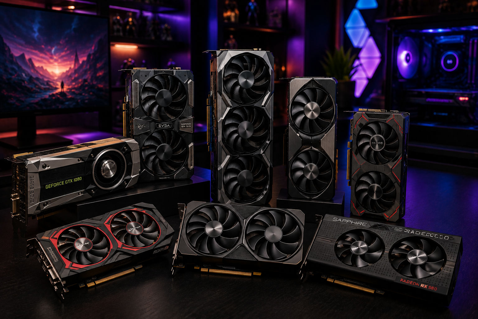Best GPUs for gaming in August 2026, featuring legendary and modern graphics cards including GTX 1080 and Radeon RX 580.