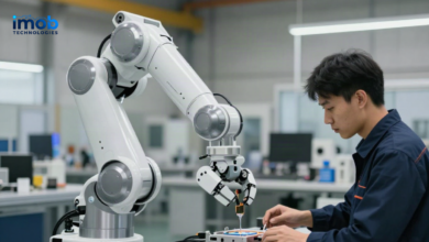 Humanoid robot working beside a human technician at an industrial workstation