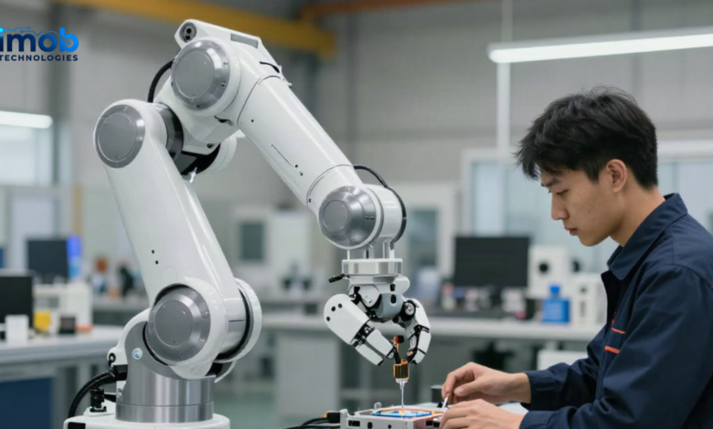 Humanoid robot working beside a human technician at an industrial workstation