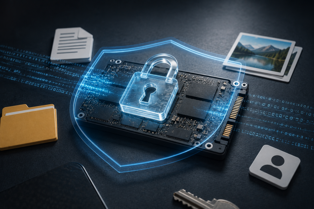 Windows 11 device encryption protecting files and personal data on a laptop through hardware-based security.