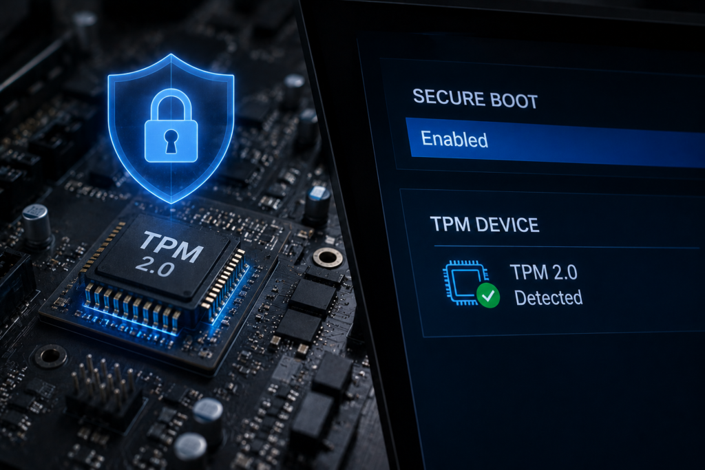 TPM 2.0 security chip and Secure Boot settings on a PC motherboard