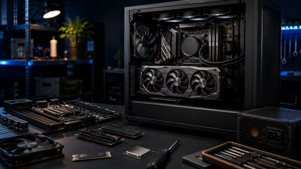 Local AI PC build with an open desktop case, graphics card, RAM, CPU, motherboard, SSD and cooling hardware