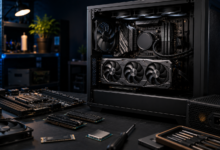 Local AI PC build with an open desktop case, graphics card, RAM, CPU, motherboard, SSD and cooling hardware