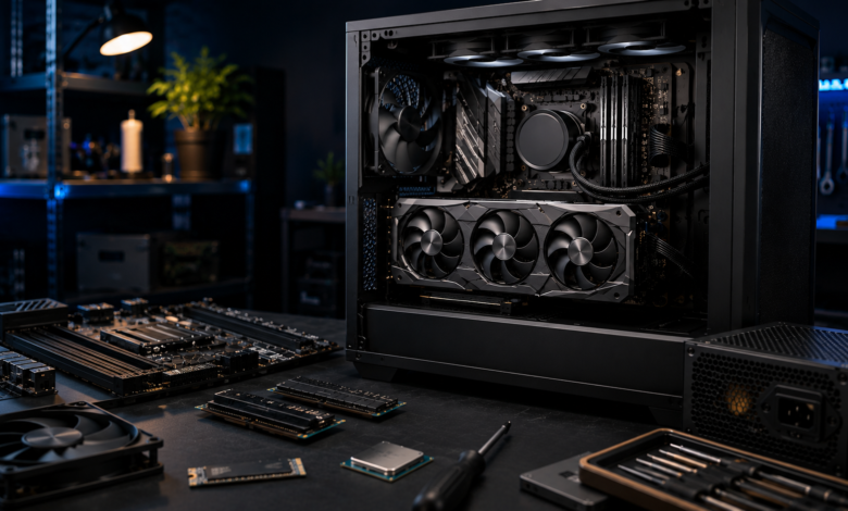 Local AI PC build with an open desktop case, graphics card, RAM, CPU, motherboard, SSD and cooling hardware