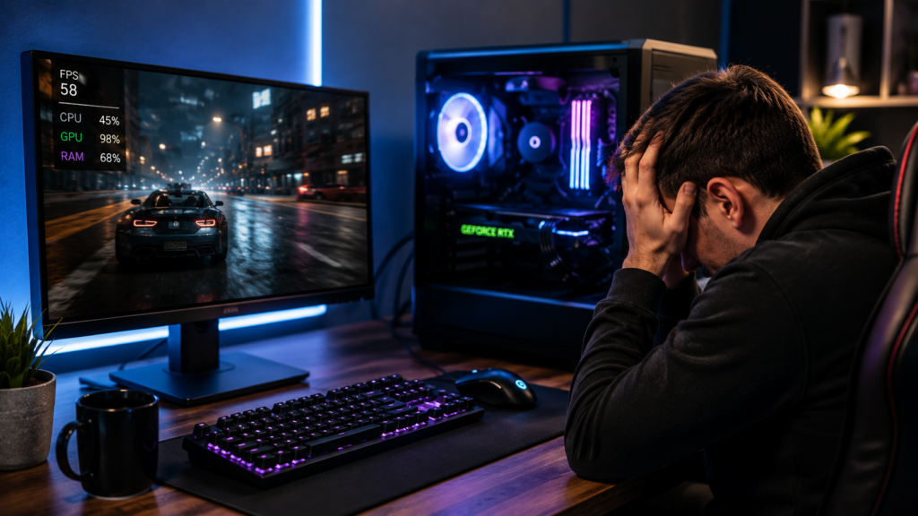 New gaming PC setup showing a performance dashboard with frame timing, refresh rate and system resource indicators.