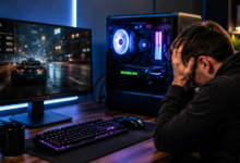 New gaming PC setup showing a performance dashboard with frame timing, refresh rate and system resource indicators.