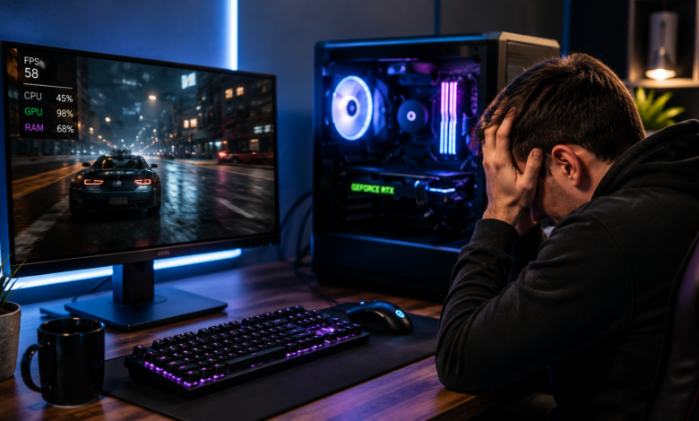 New gaming PC setup showing a performance dashboard with frame timing, refresh rate and system resource indicators.