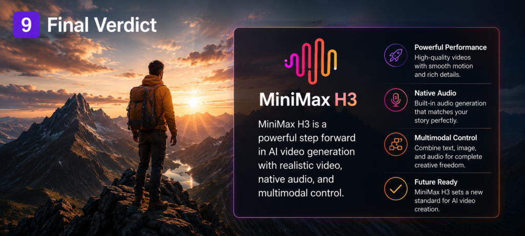 MiniMax H3 combines high-quality video generation with native audio and multimodal capabilities, making it a promising option for creators exploring AI-powered video workflows.