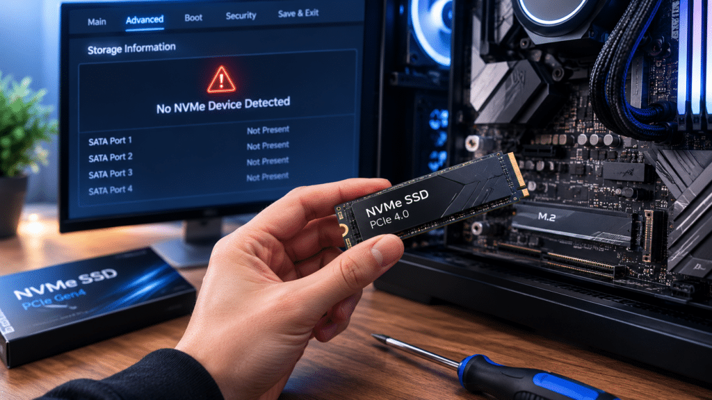 NVMe SSD and motherboard being checked for BIOS detection problems