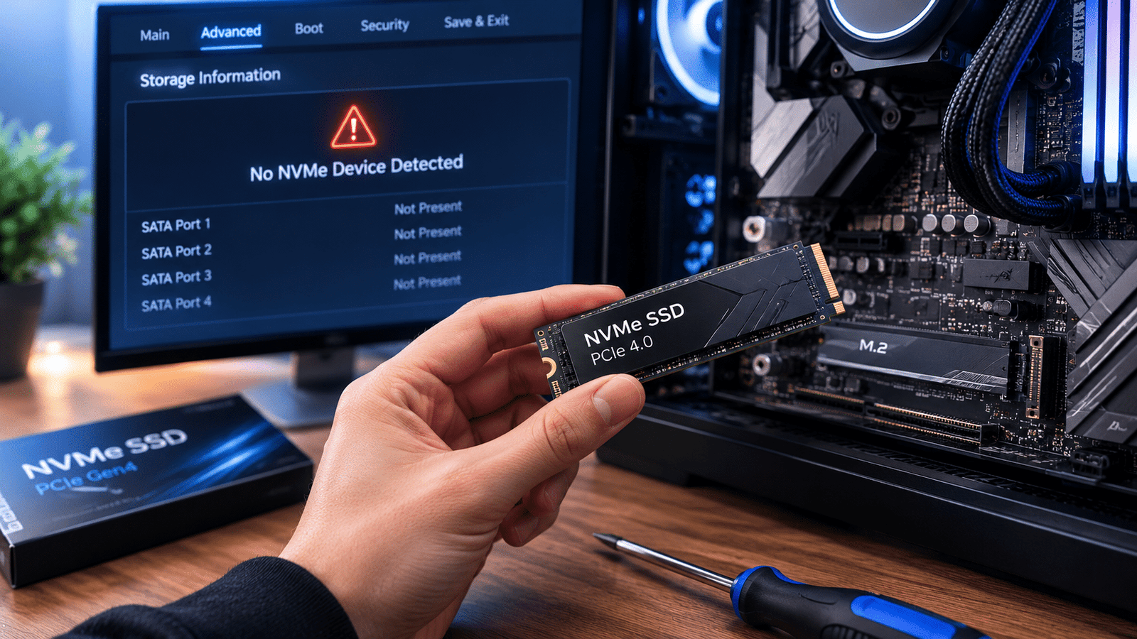 NVMe SSD and motherboard being checked for BIOS detection problems