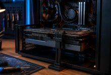 Heavy graphics card supported by a bracket inside a desktop PC