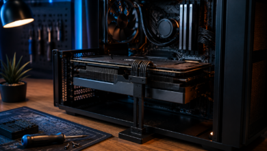 Heavy graphics card supported by a bracket inside a desktop PC