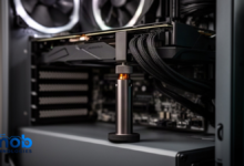 Adjustable support bracket holding up the end of a three-slot graphics card inside an ATX case
