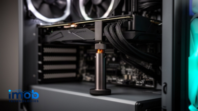 Adjustable support bracket holding up the end of a three-slot graphics card inside an ATX case