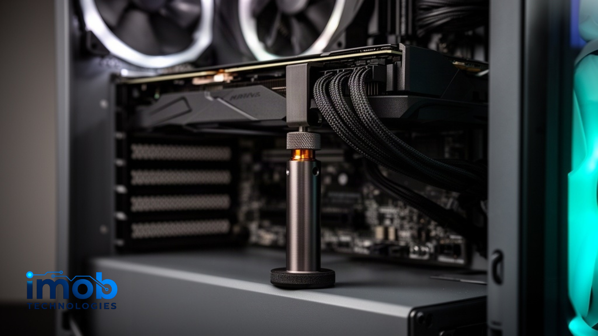 Adjustable support bracket holding up the end of a three-slot graphics card inside an ATX case
